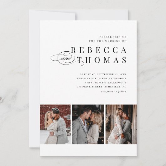 Klassische Schwarz-Weiß-3-Foto-Hochzeit Einladung (Vorderseite)