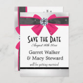 Klassische Schwarz & Weiß Drapery mit Magenta Bow Ankündigungspostkarte (Vorne/Hinten)