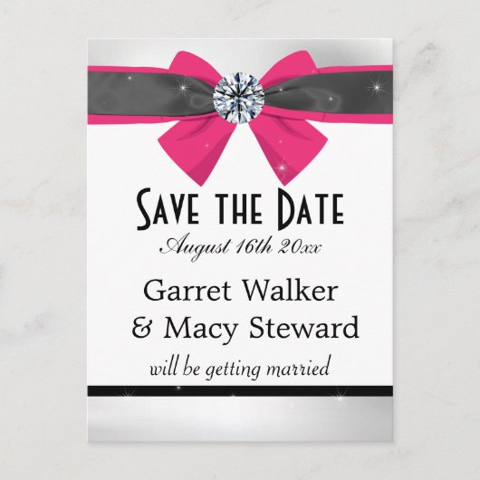 Klassische Schwarz & Weiß Drapery mit Magenta Bow Ankündigungspostkarte (Vorderseite)