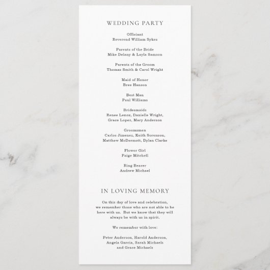 Klassische Schwarz-Weiß-Hochzeit Programm (Rückseite)