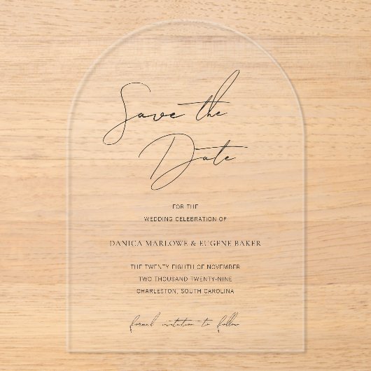 Klassische Schwarz-Weiß-Hochzeit speichern Sie das Acryleinladungen (Vorderseite)