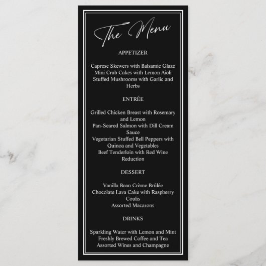 Klassische Schwarz-Weiß-Moderne Hochzeit Menükarte (Vorderseite)