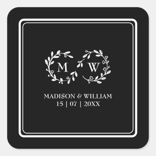 Klassische Schwarz-Weiß-Moderne Hochzeit Quadratischer Aufkleber (Vorderseite)