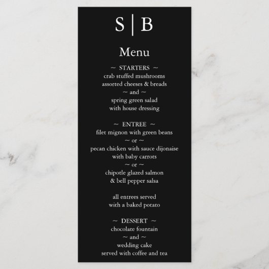 Klassische Schwarz-Weiß-Monogramm-Hochzeit Menükarte (Vorderseite)