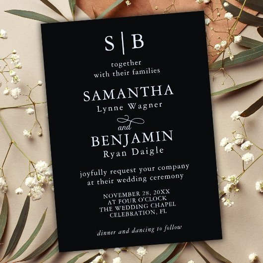 Klassische Schwarz-Weiß-Monogramm-Initialen Hochze Einladung