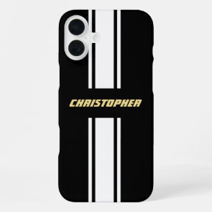Klassische Schwarz-Weiß-Rennstreifen Gold-Monogram iPhone 16 Plus Hülle
