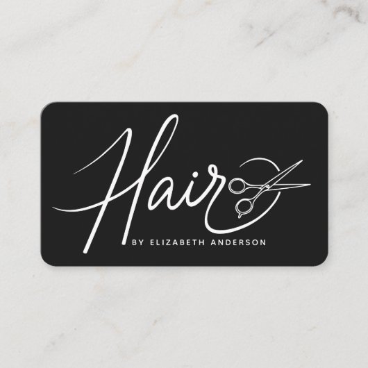 Klassische Schwarz-Weiß-Script-Haarstylist Visitenkarte (Vorderseite)