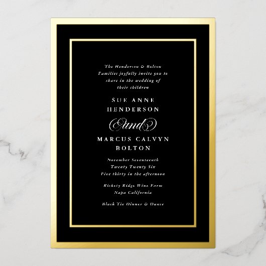 Klassische Schwarz-weiße formale Goldrahmen Hochze Folieneinladung (Vorderseite)