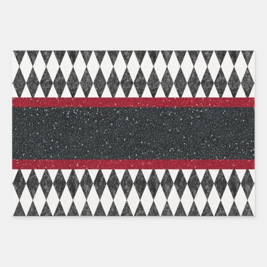 Klassische Schwarz-weiße Harlequin Raute Diamant Geschenkpapier Set (Vorderseite 2)