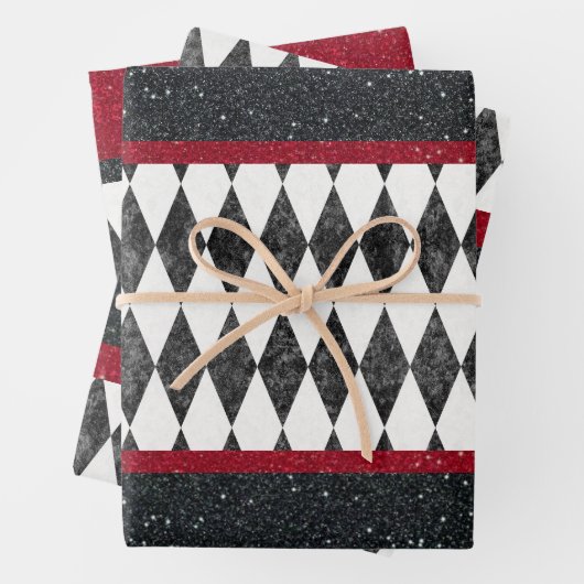 Klassische Schwarz-weiße Harlequin Raute Diamant Geschenkpapier Set (Beispiel)