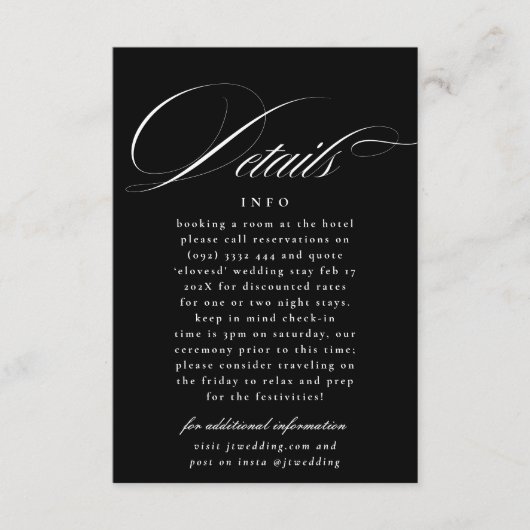 Klassische Schwarz-weiße Hochzeitsdetails Begleitkarte (Vorderseite)