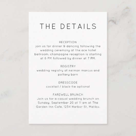 Klassische Schwarz-weiße Hochzeitsinfo Begleitkarte (Vorderseite)