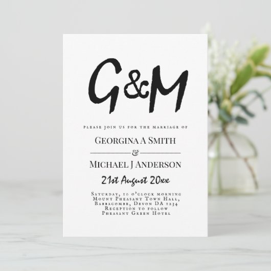 Klassische Schwarz-weiße Monogramm-Typografie Einladung (Stehend Vorderseite)