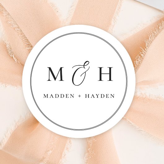 Klassische Schwarz-weiße Monogrammnamen Hochzeit Runder Aufkleber