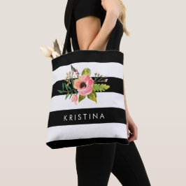 Klassische Schwarz-weiße Streifen florale Einkaufs Tasche