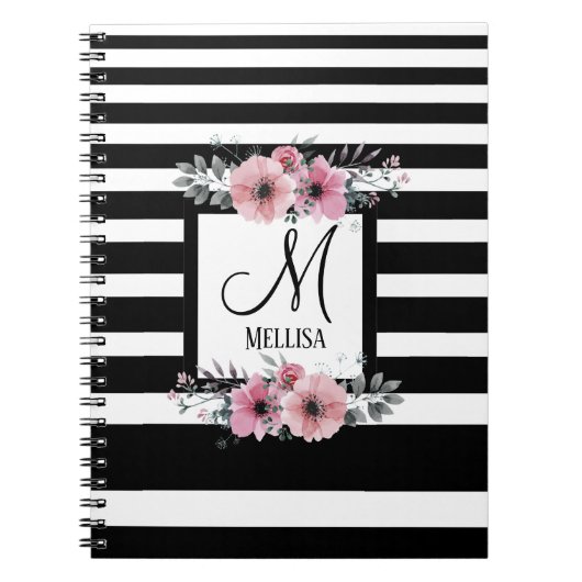 Klassische Schwarz-weiße Streifen florale Monogram Notizblock (Vorderseite)
