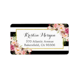 Klassische Schwarz-weiße Streifen Rosa Blumendekor Adressaufkleber
