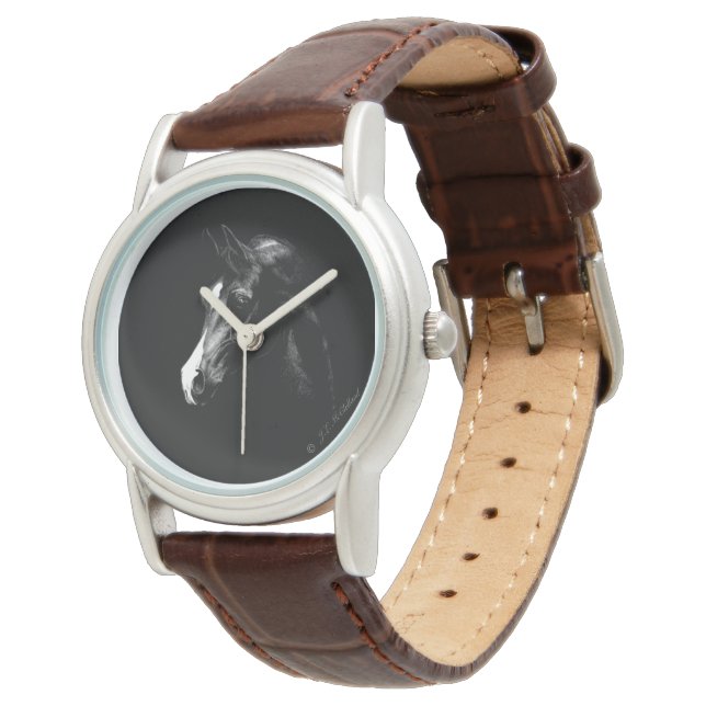 Klassische Schwarzarabische Pferdekunst Armbanduhr (Schrägansicht)