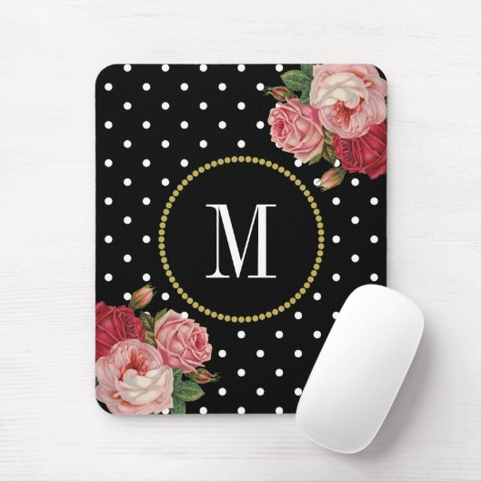 Klassische Schwarze Antike florale Polka Dots Mono Mousepad (Mit Mouse)