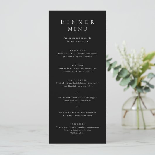 Klassische schwarze einfache Hochzeit Menükarte (Stehend Vorderseite)
