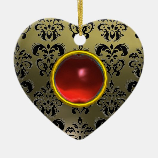 KLASSISCHE SCHWARZE GRAUE ROTE DAMASK UND RUBY GEM KERAMIKORNAMENT (Vorne)