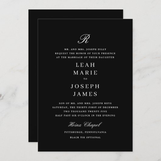 Klassische Schwarze Krawatte Schwarz-weiß Hochzeit Einladung (Vorne/Hinten)