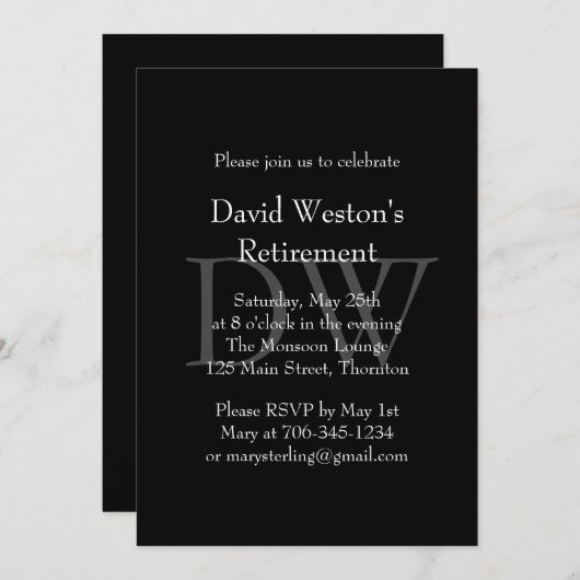Klassische schwarze Monogramm-Ruhestands-Einladung Einladung (Vorne/Hinten)