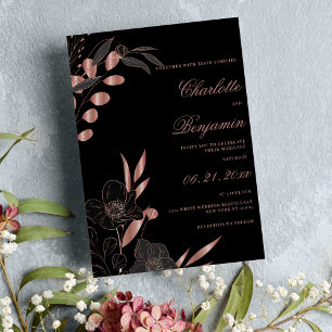Klassische Schwarze Rose Gold Hochzeit mit Blumen Einladung