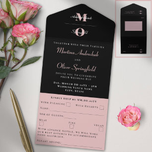 Klassische Schwarze Rosé-Hochzeit  All In One Einladung