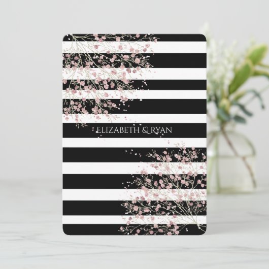 Klassische, schwarze und weiße Streifen, Kirschblo Einladung (Stehend Vorderseite)