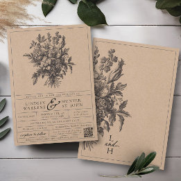 Klassische schwarze Vintage-Blumen-Rustik-Kraft-Ho Einladung