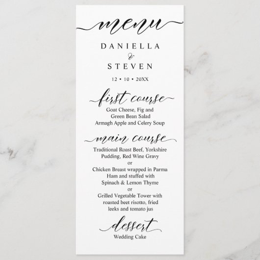 Klassische Script Calligraphy Wedding Menu Card 2 Menükarte (Vorderseite)