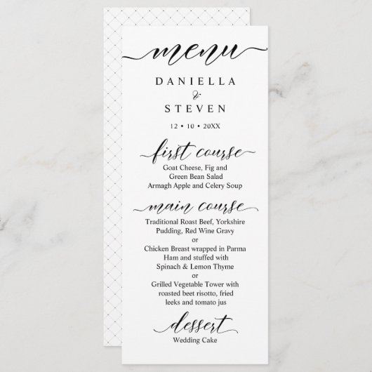 Klassische Script Calligraphy Wedding Menu Card 2 Menükarte (Vorne/Hinten)