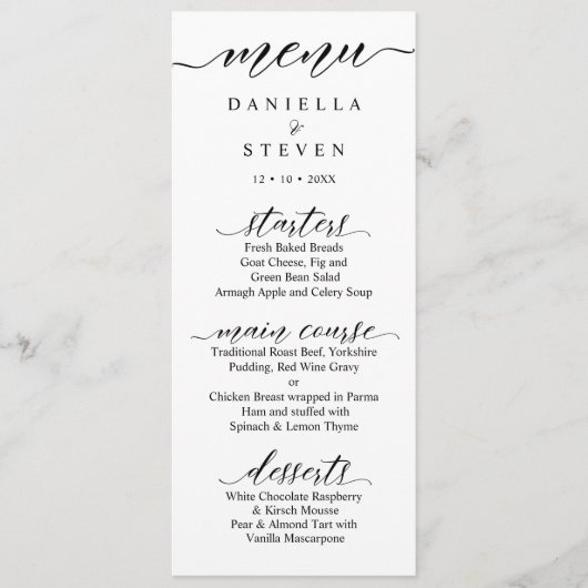 Klassische Script Calligraphy Wedding Menu Card Menükarte (Vorderseite)