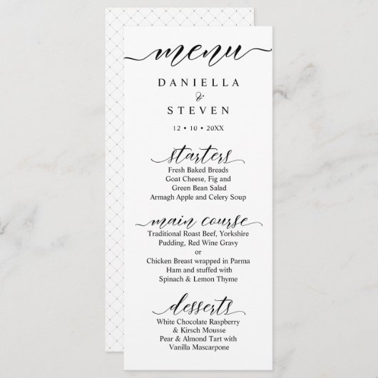 Klassische Script Calligraphy Wedding Menu Card Menükarte (Vorne/Hinten)