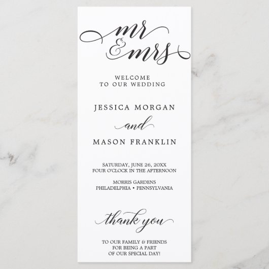 Klassische Script Hochzeitsprogramme - Mr. und Mrs Programm (Vorderseite)