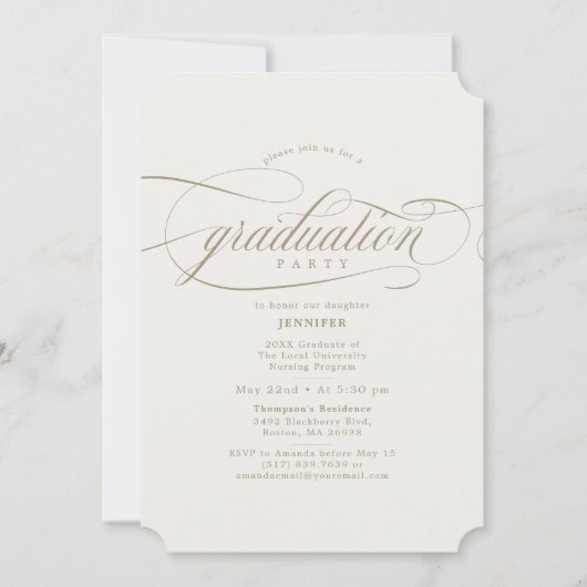 Klassische Script Light Beige & Gold Graduation Pa Einladung (Vorderseite)