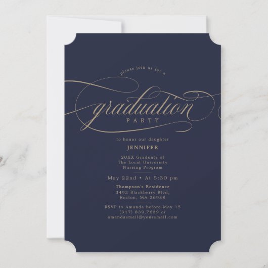 Klassische Script-Navy-Gold-Graduation-Party Einladung (Vorderseite)