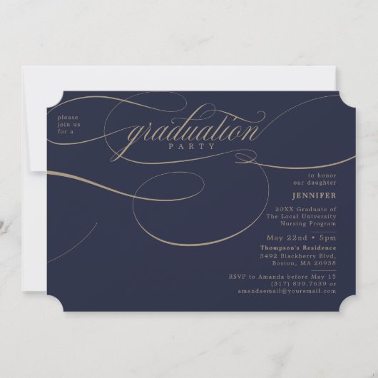Klassische Script-Navy & Gold-Graduation Party Einladung (Vorderseite)