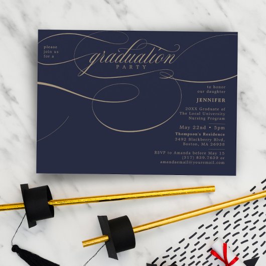 Klassische Script-Navy & Gold-Graduation Party Einladung