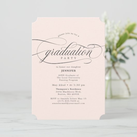 Klassische Script Soft Pink Gray Graduation Party Einladung (Stehend Vorderseite)