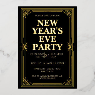 Klassische Silvesterparty-Einladung im goldenen Ra Folieneinladung