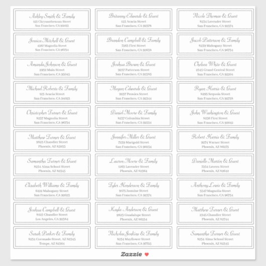 Klassische Skriptadresse für Wedding Guest Names Aufkleber (Blatt)