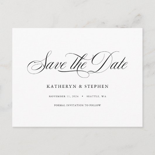 Klassische Skriptkalligrafie Save the Date elegant Postkarte (Vorderseite)