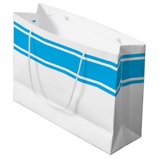 Klassische Sky Blue Top Edge Rennstreifen auf Weiß Große Geschenktüte (Vorderseite Schrägansicht)