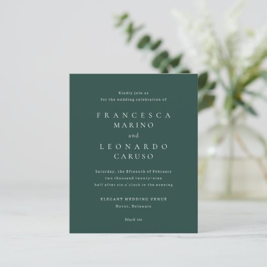 Klassische Smaragdgrüne einfache Hochzeitseinladun (Stehend Vorderseite)