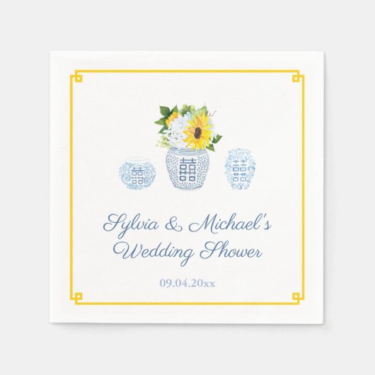 Klassische Sonnenblumen Blau-Weiß-Vase-Brautparty Serviette (Vorderseite)