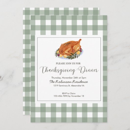 Klassische Speisen und Karierte Erntedank Einladung (Vorne/Hinten)