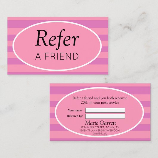 Klassische Streifen Rosa und Lila Freundschaftswer Empfehlungskarte (Vorne/Hinten)