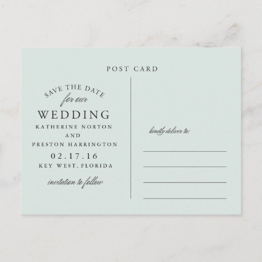 Klassische Streifen Save the Date Postkarte in bla (Rückseite)